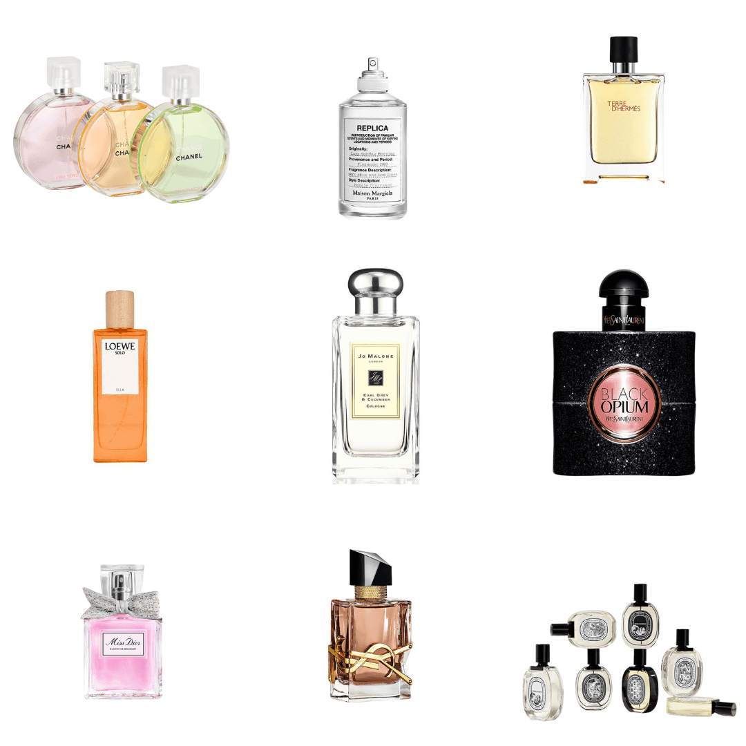 Various perfume bottles from different brands arranged in a grid against a white background.