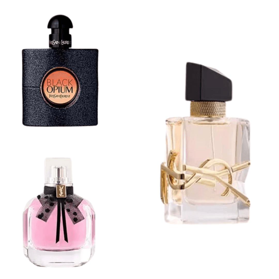 Three perfume bottles with distinctive designs, including a black, pink, and clear glass bottle.