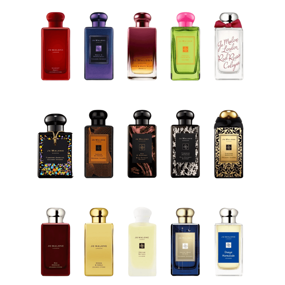 Collection of 15 colorful Jo Malone cologne bottles in various designs and shades.